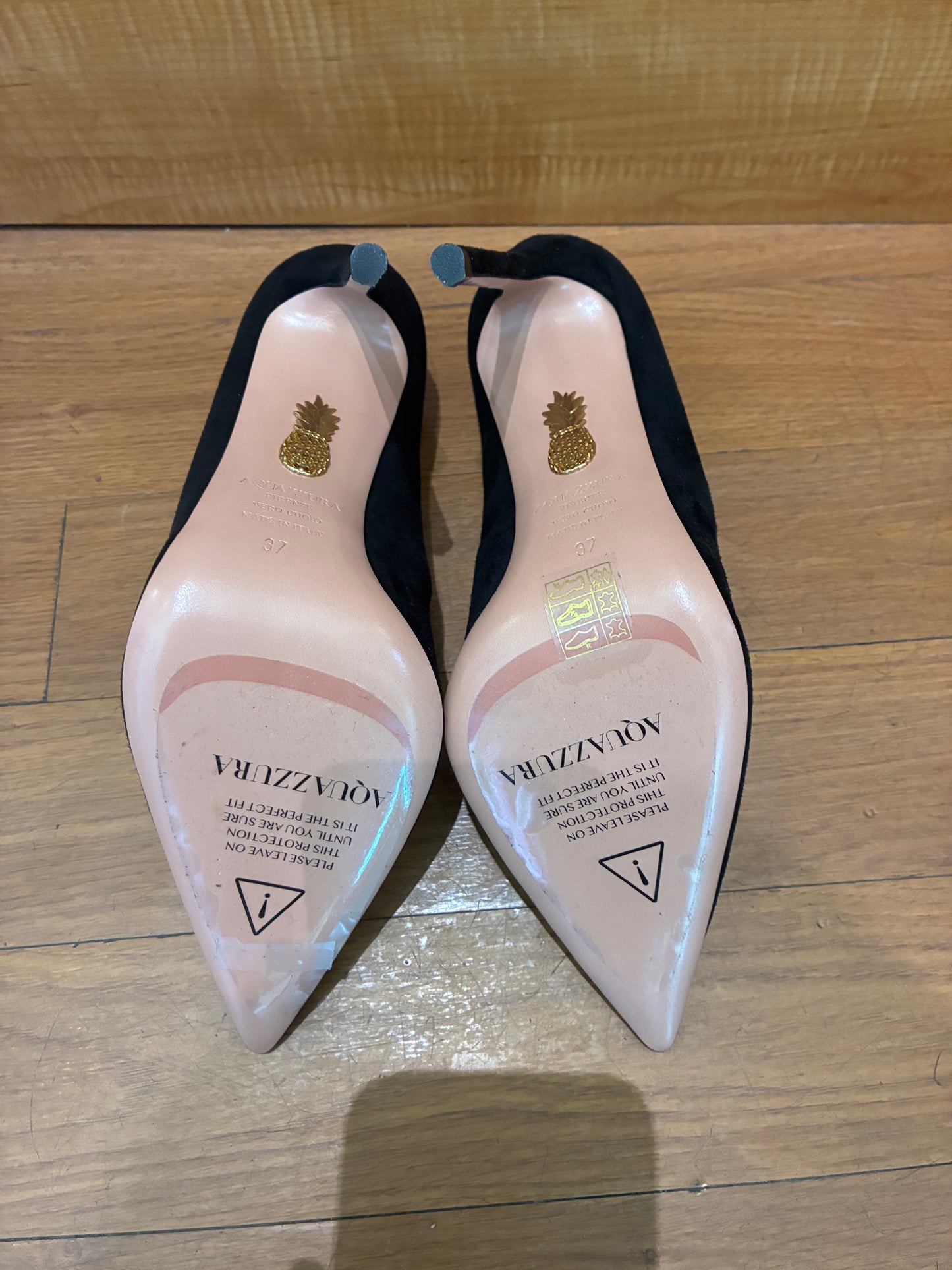 Aquazzura Black Suede & Clear PVC Pointed Toe Pumps Gold Trim