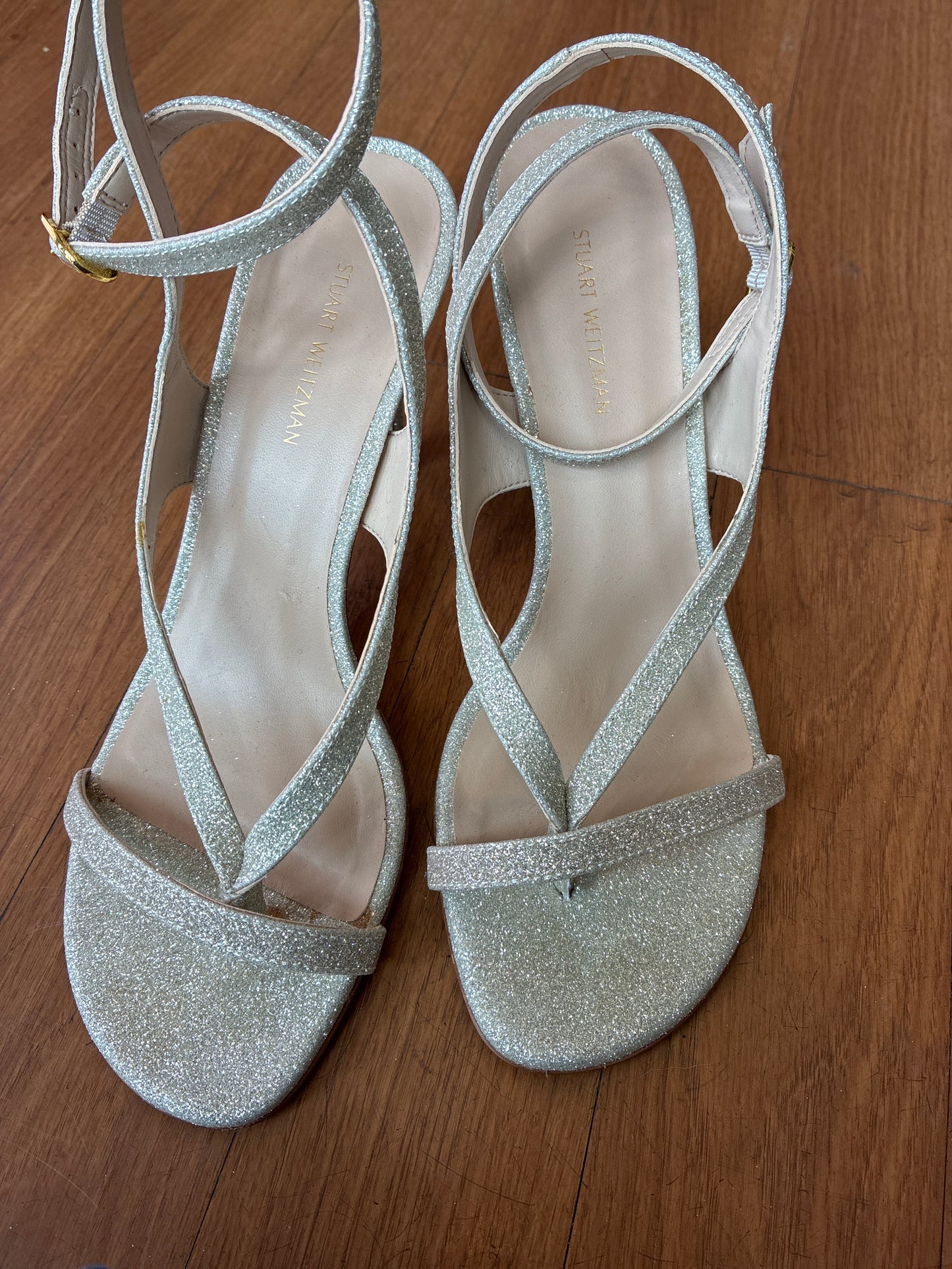 Stuart Weitzman Align 95 Gold Glitter Strappy Heels Sandals