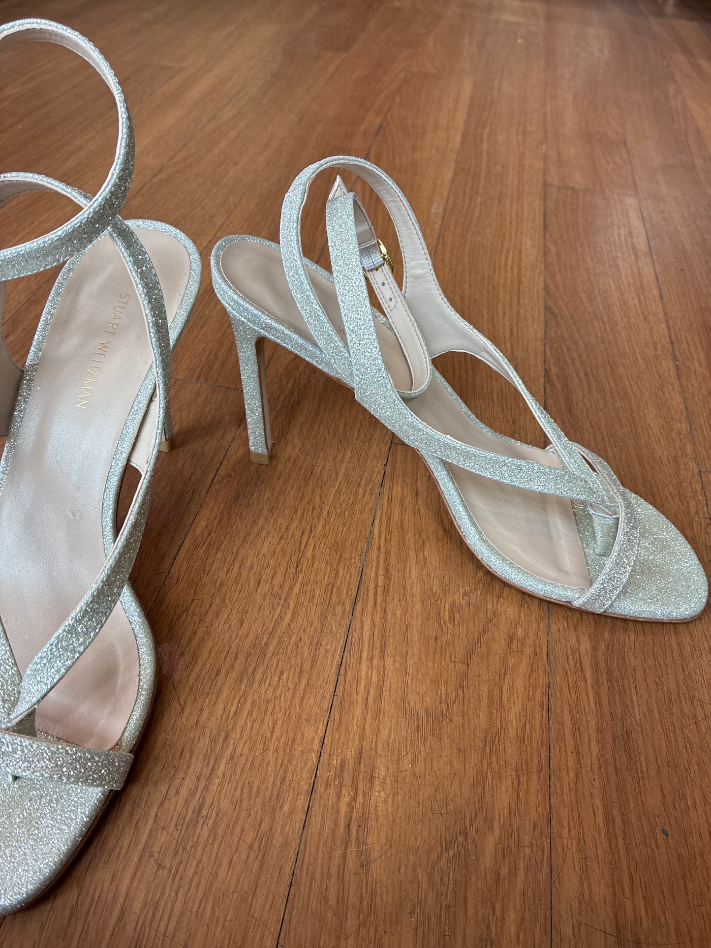 Stuart Weitzman Align 95 Gold Glitter Strappy Heels Sandals