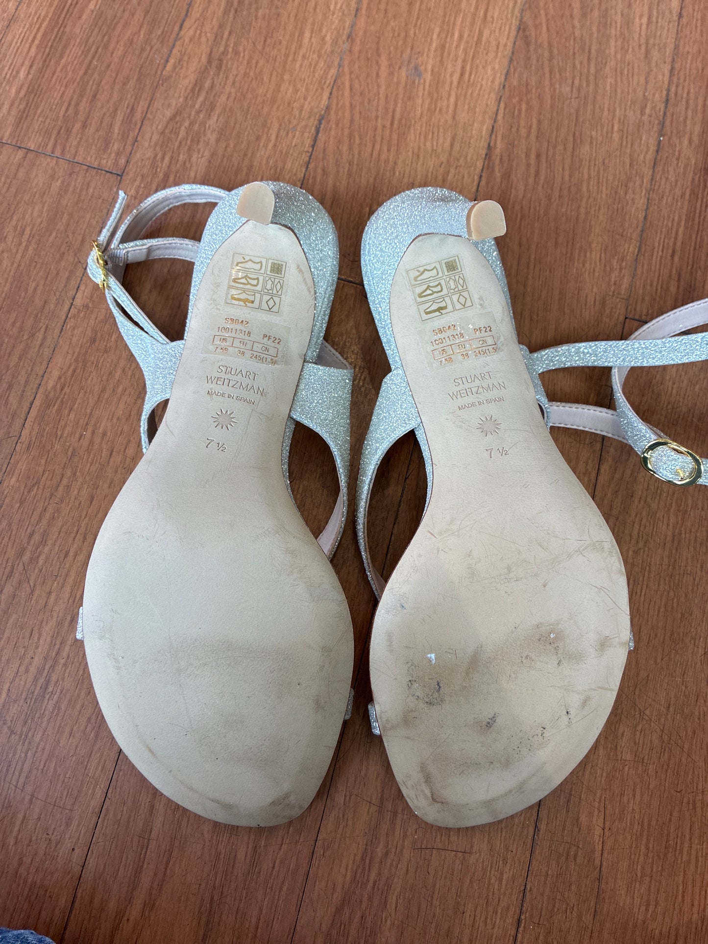 Stuart Weitzman Align 95 Gold Glitter Strappy Heels Sandals