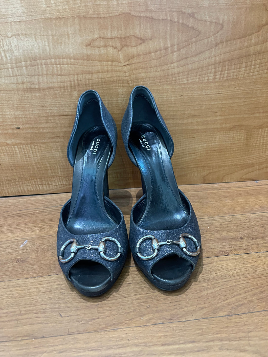 Gucci Black Glitter Peep Toe Platform Pumps