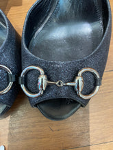 Load image into Gallery viewer, Gucci Black Glitter Peep Toe Platform Pumps
