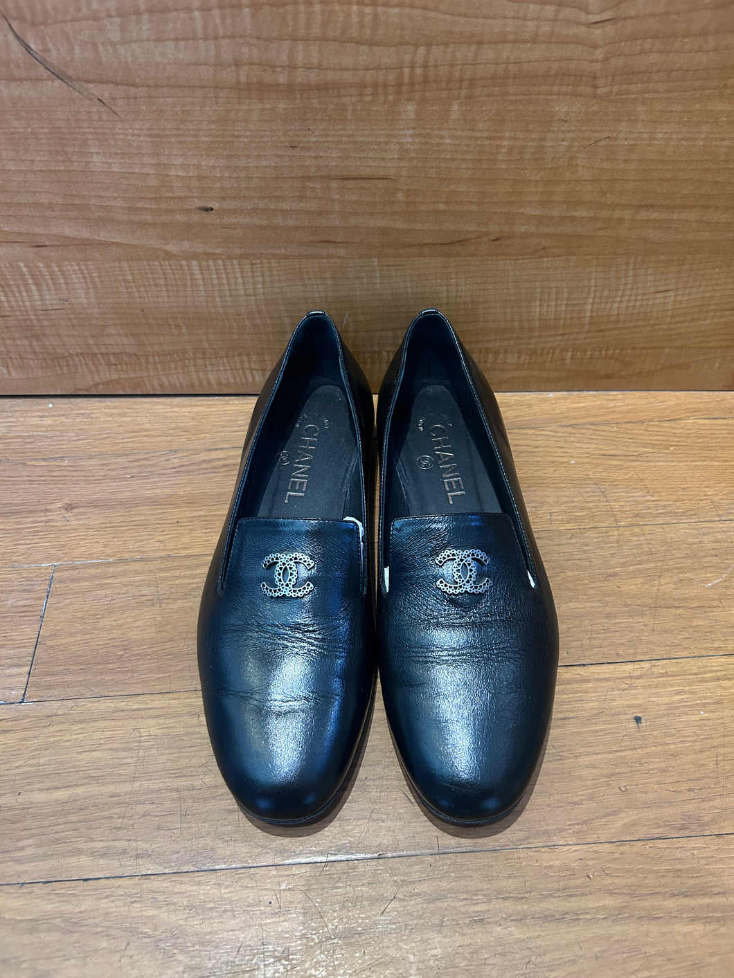 Chanel Black Leather CC Loafers