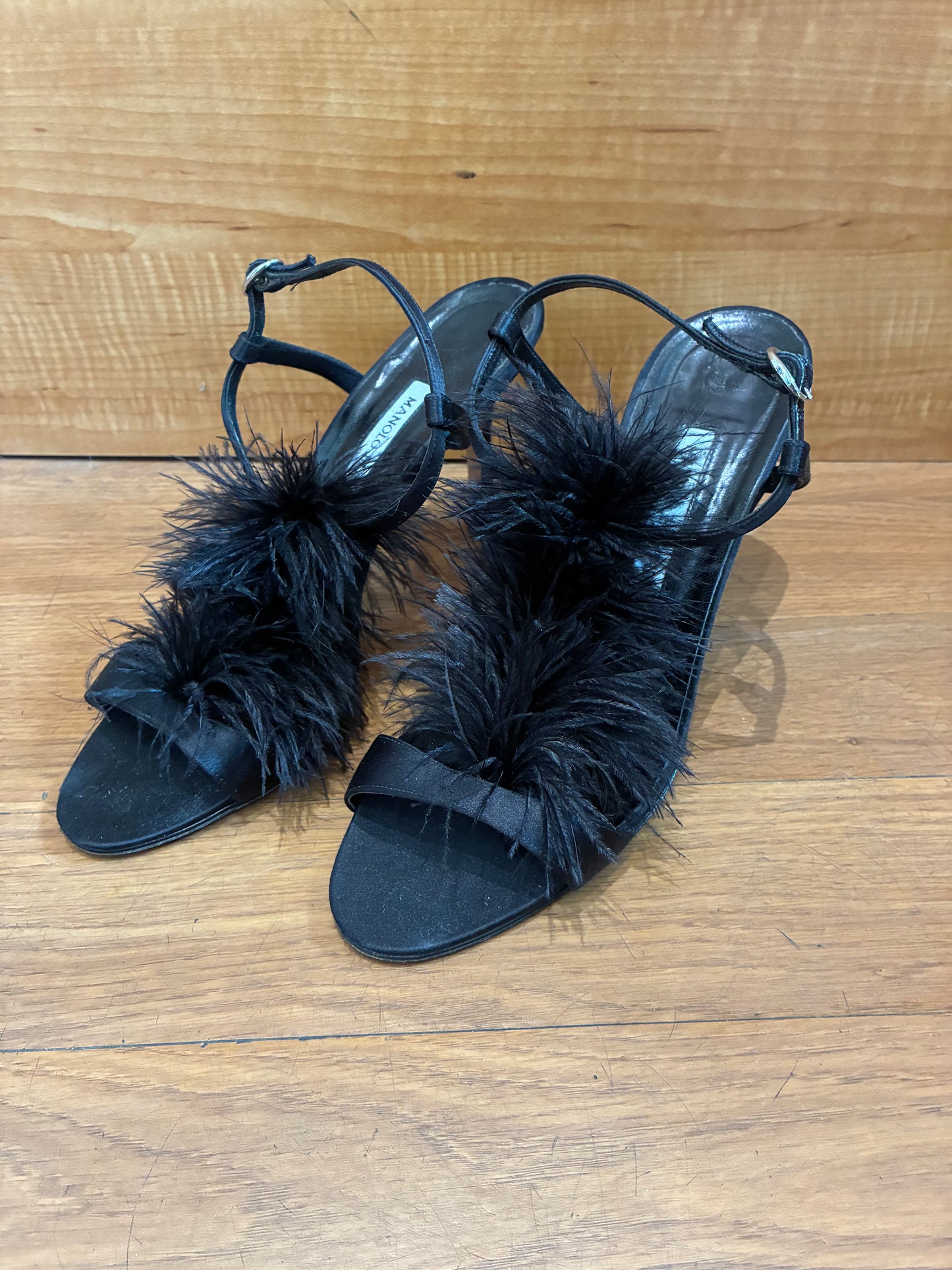 Manolo Blahnik Satin Feather Trim T-Strap Sandals