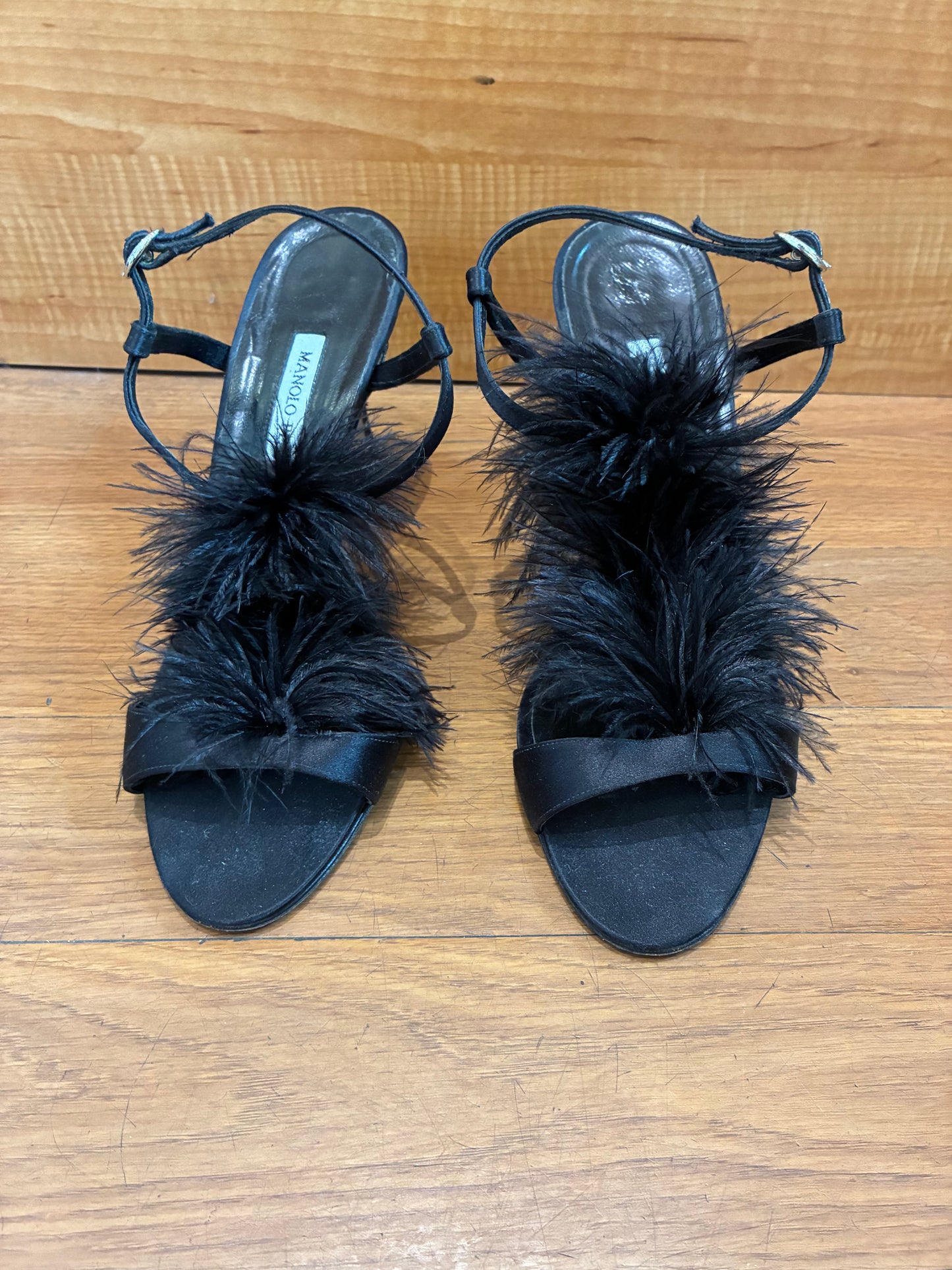 Manolo Blahnik Satin Feather Trim T-Strap Sandals