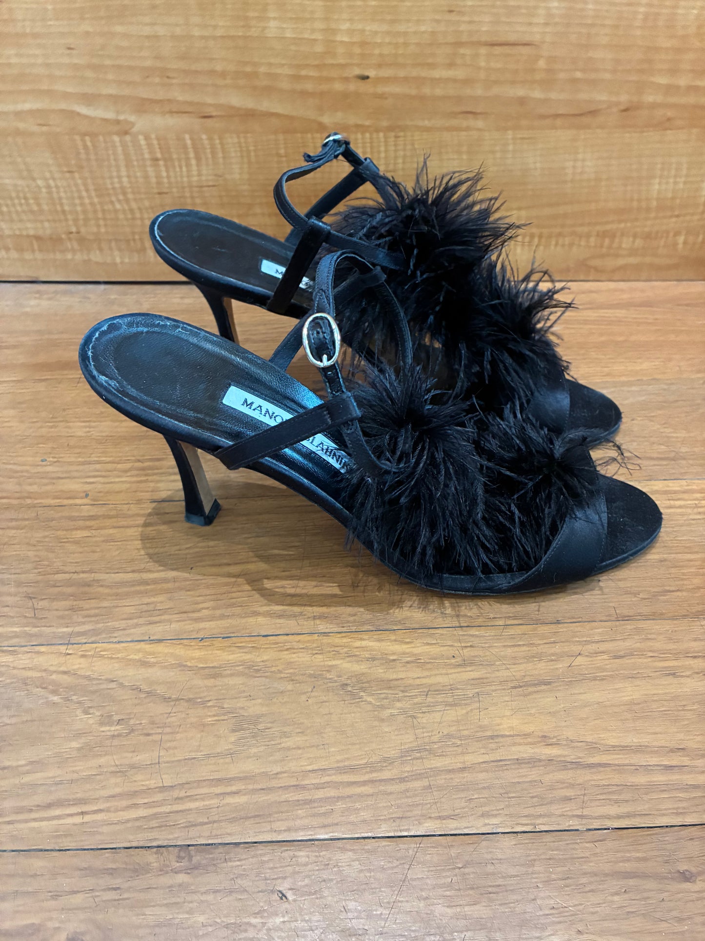 Manolo Blahnik Satin Feather Trim T-Strap Sandals