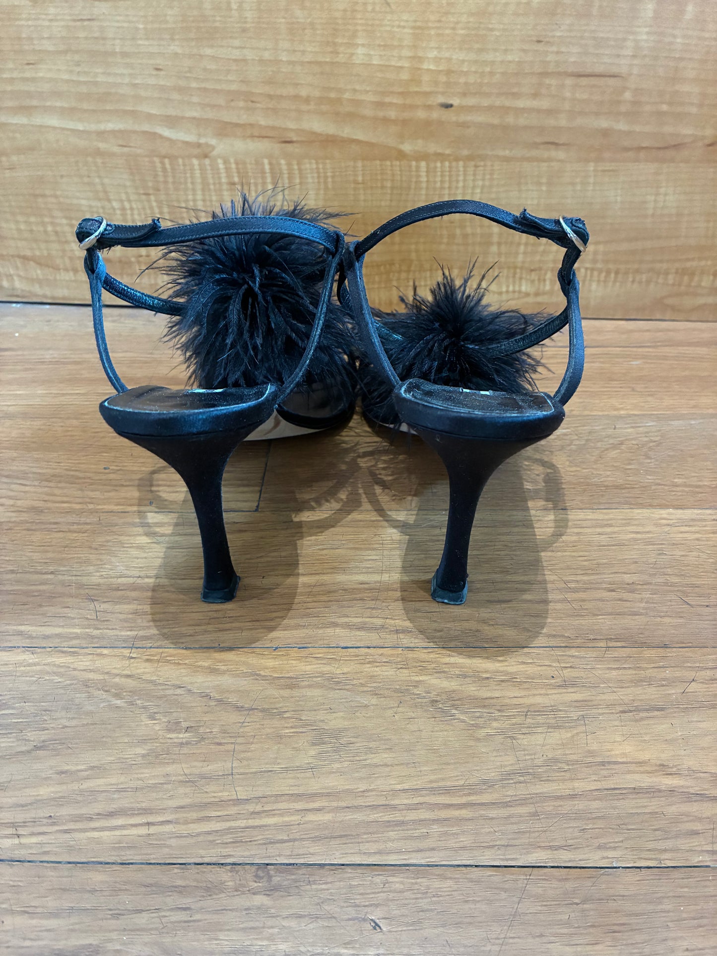 Manolo Blahnik Satin Feather Trim T-Strap Sandals
