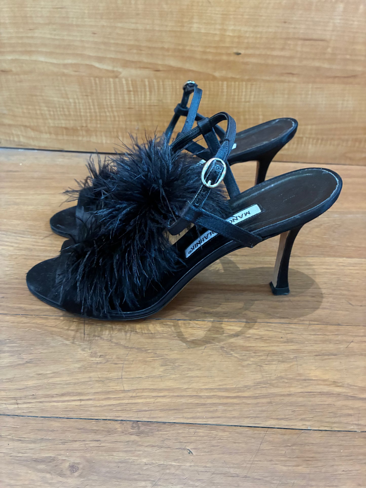 Manolo Blahnik Satin Feather Trim T-Strap Sandals