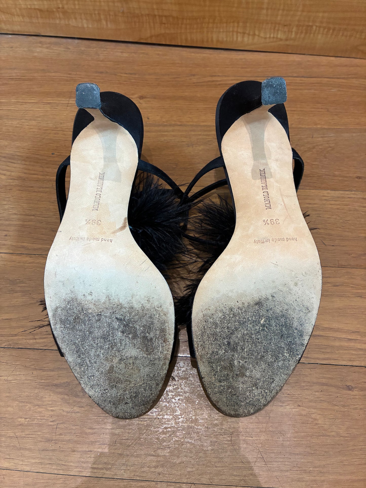 Manolo Blahnik Satin Feather Trim T-Strap Sandals