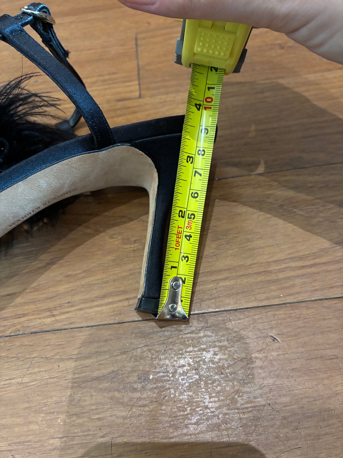 Manolo Blahnik Satin Feather Trim T-Strap Sandals