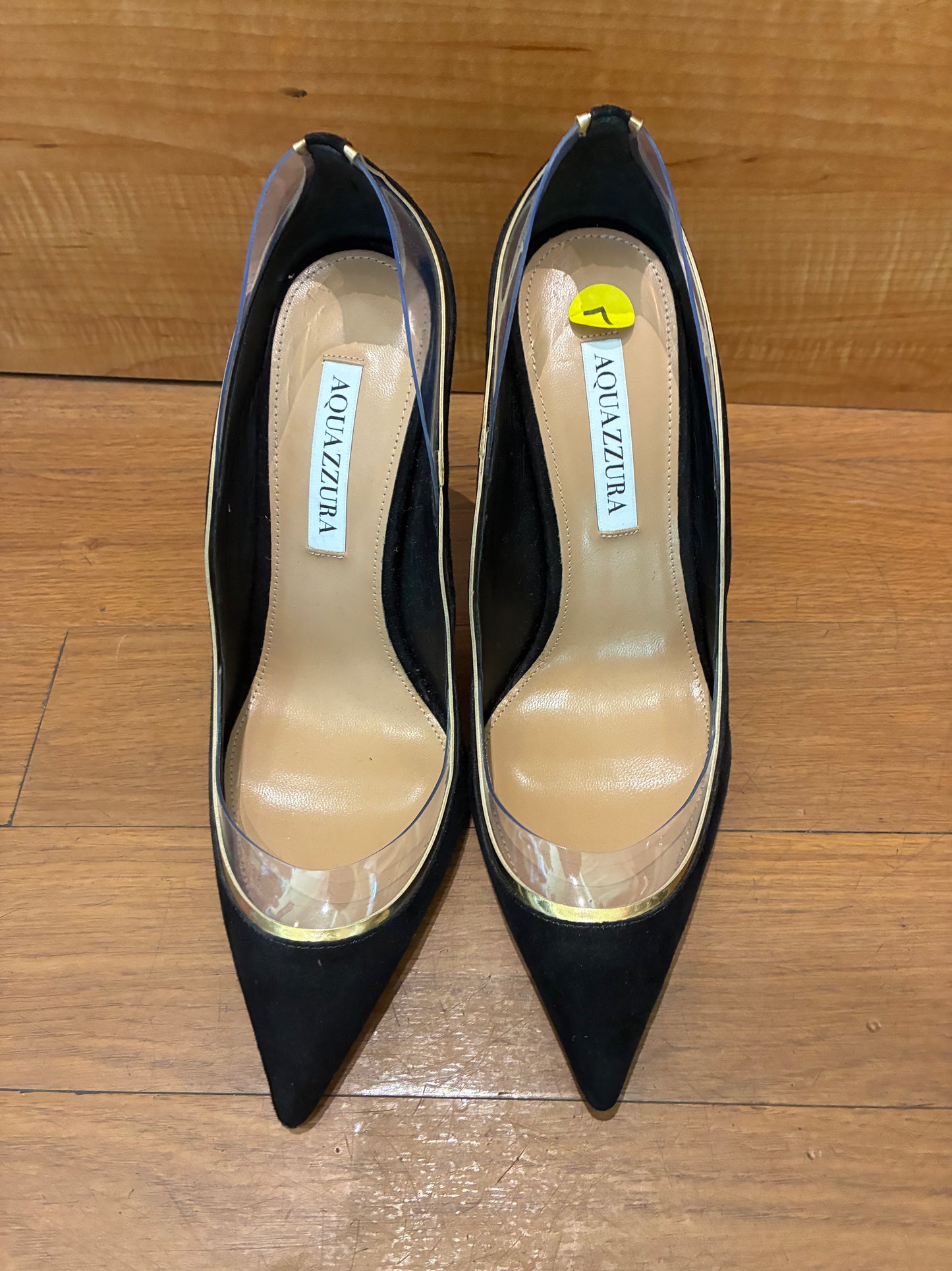 Aquazzura Black Suede & Clear PVC Pointed Toe Pumps Gold Trim