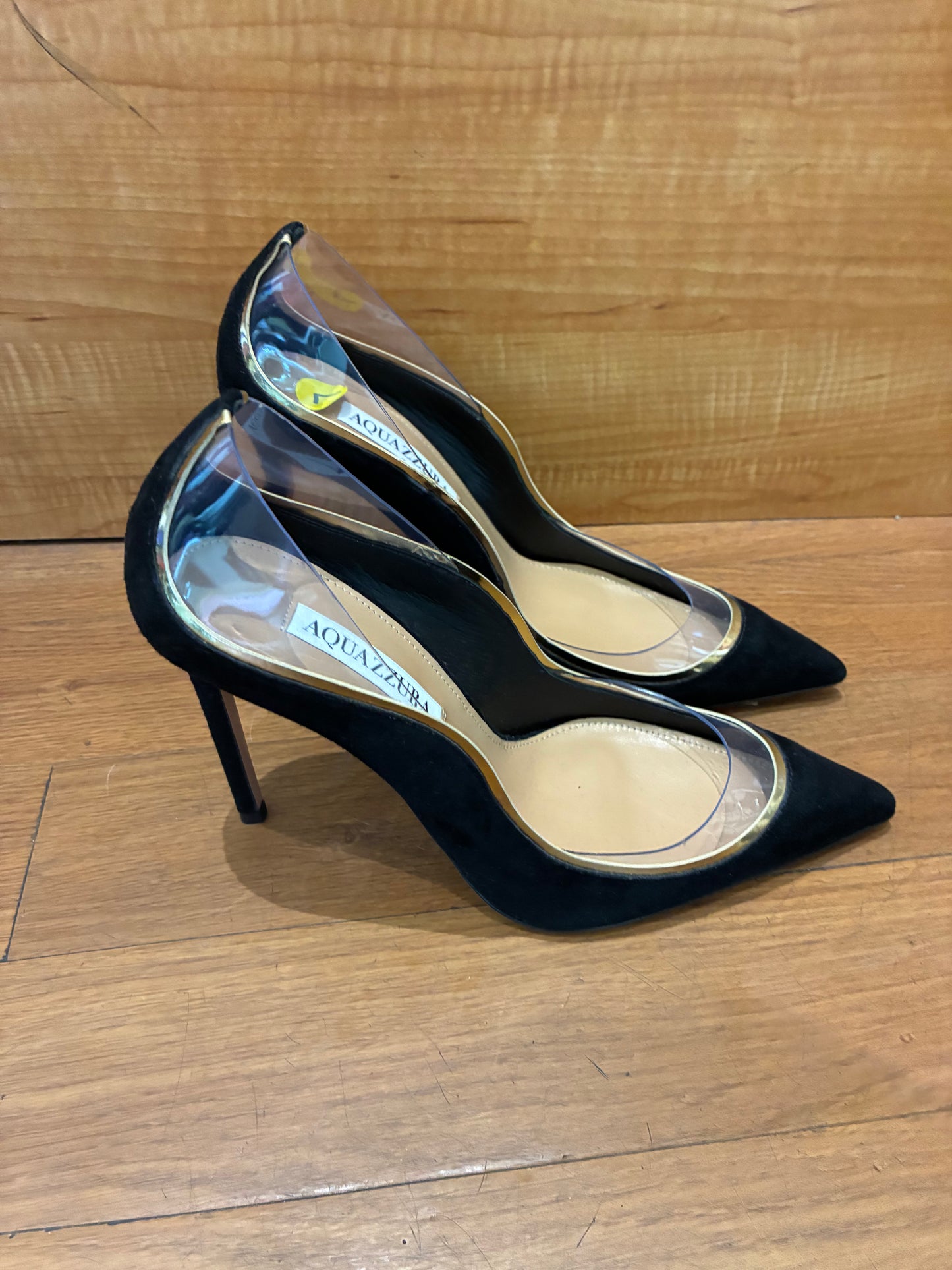 Aquazzura Black Suede & Clear PVC Pointed Toe Pumps Gold Trim