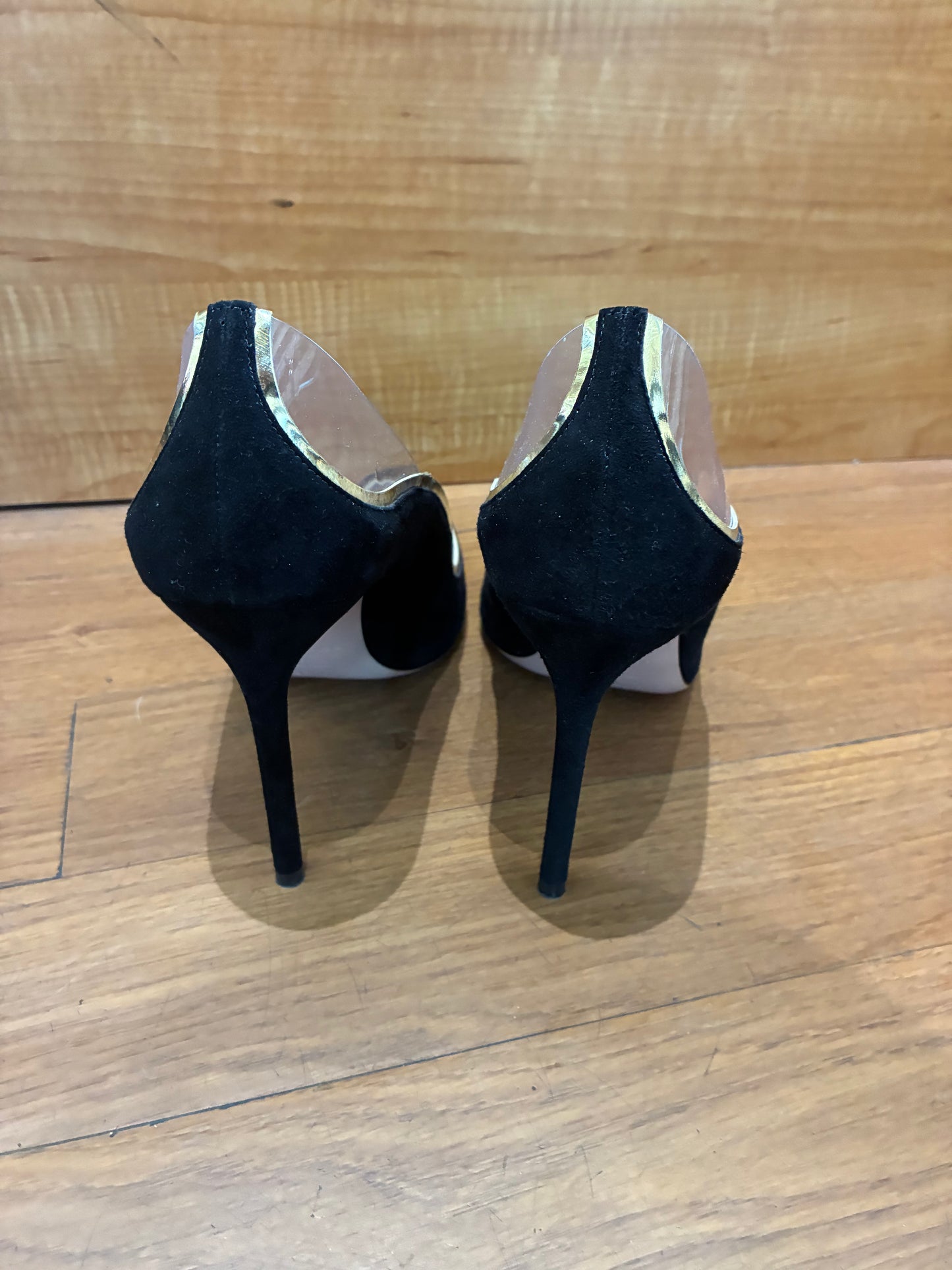 Aquazzura Black Suede & Clear PVC Pointed Toe Pumps Gold Trim