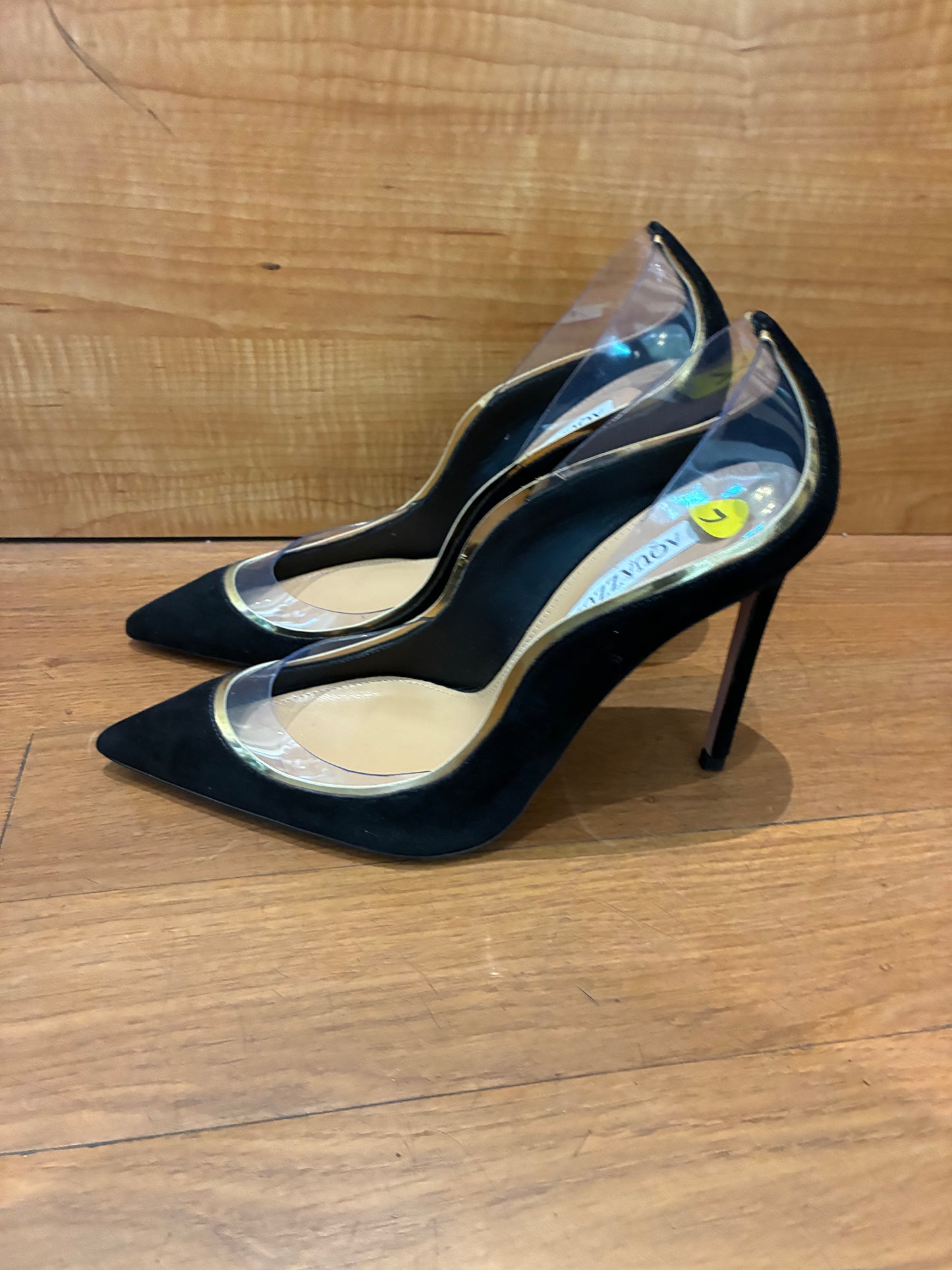 Aquazzura Black Suede & Clear PVC Pointed Toe Pumps Gold Trim