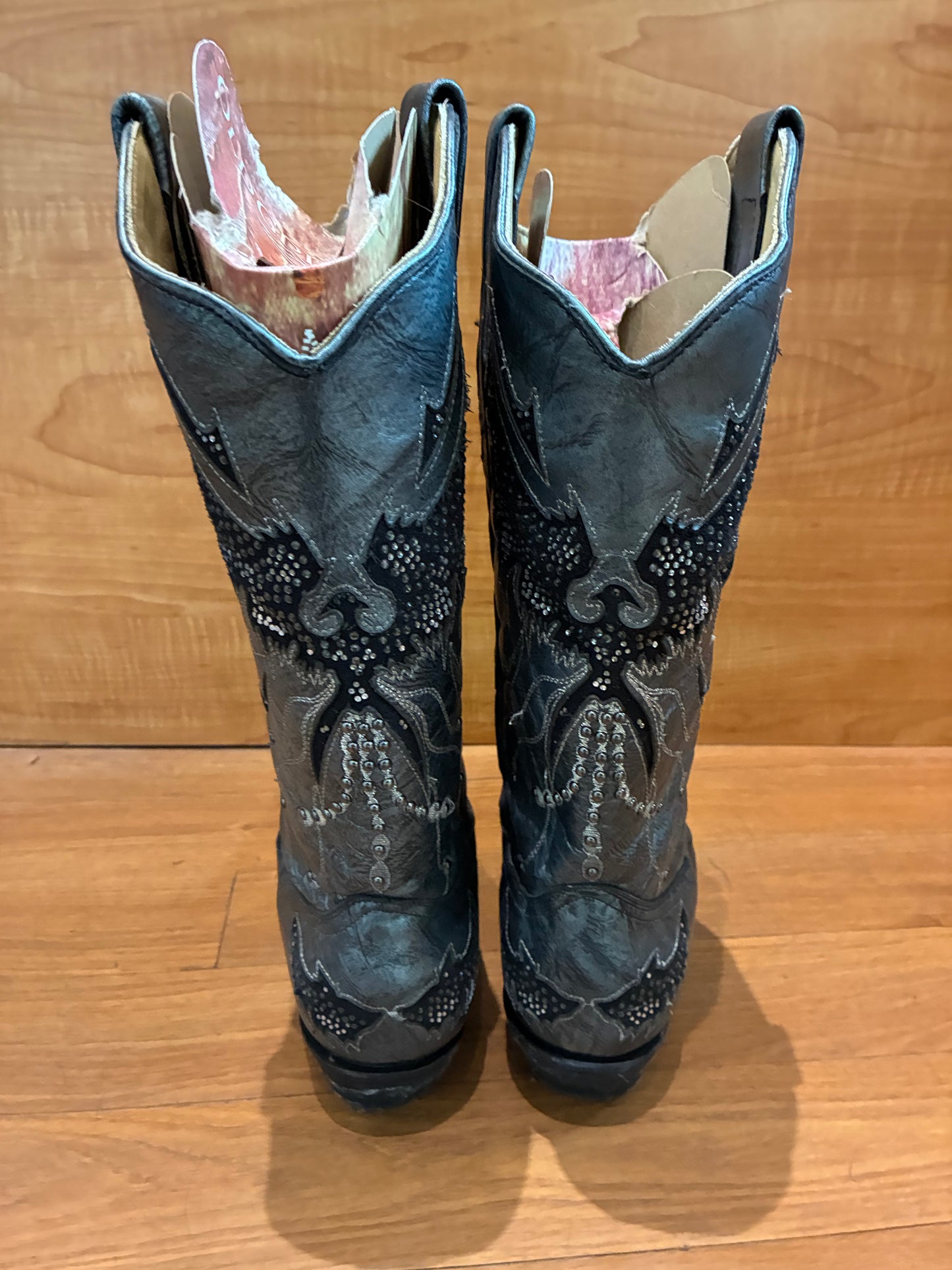 Corral Black Leather Western Cowboy Boots Pointed Toe Tall Shaft Studded Inlay.