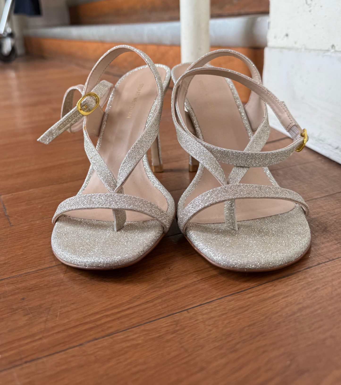 Stuart Weitzman Align 95 Gold Glitter Strappy Heels Sandals