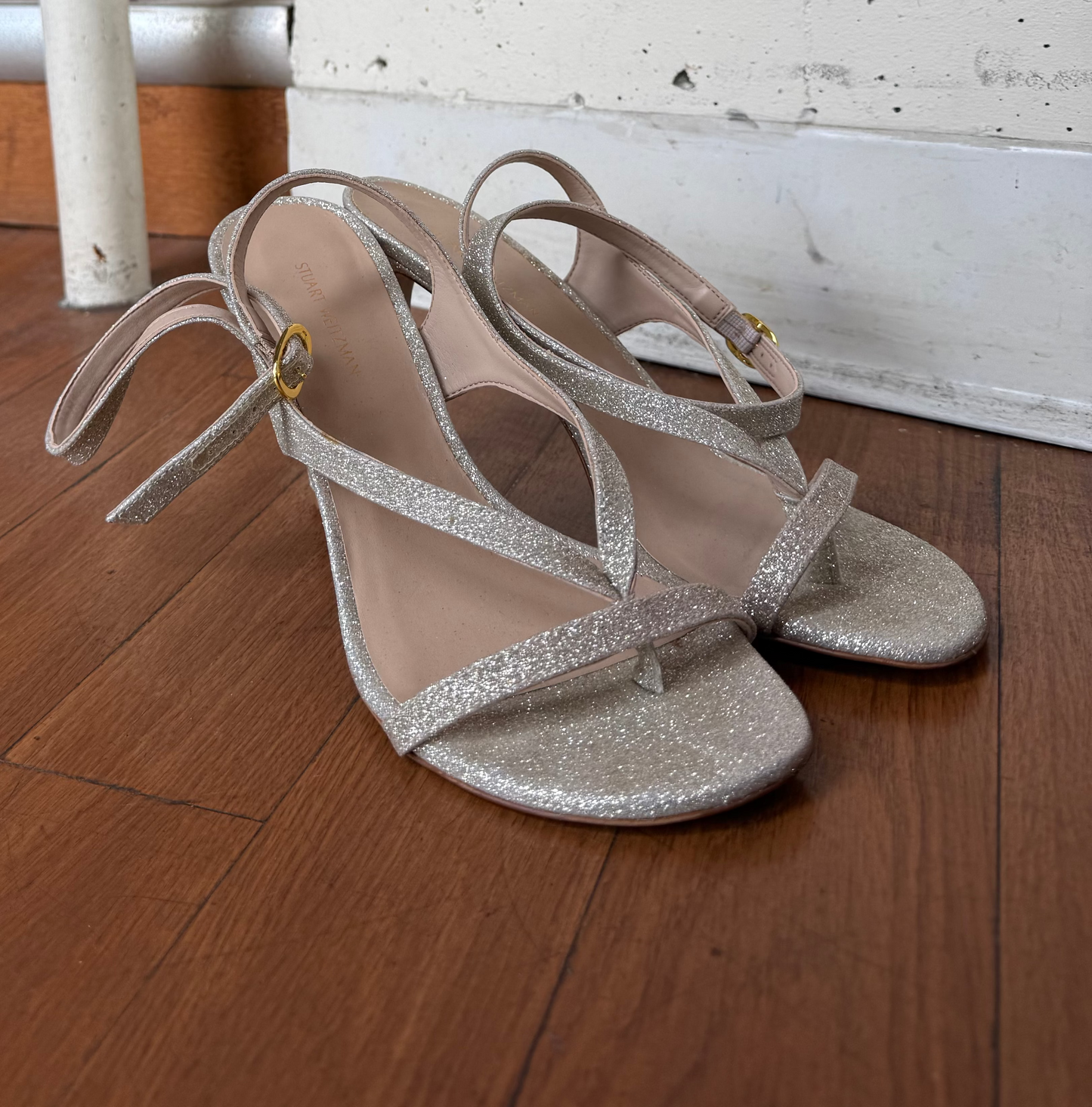 Stuart Weitzman Align 95 Gold Glitter Strappy Heels Sandals