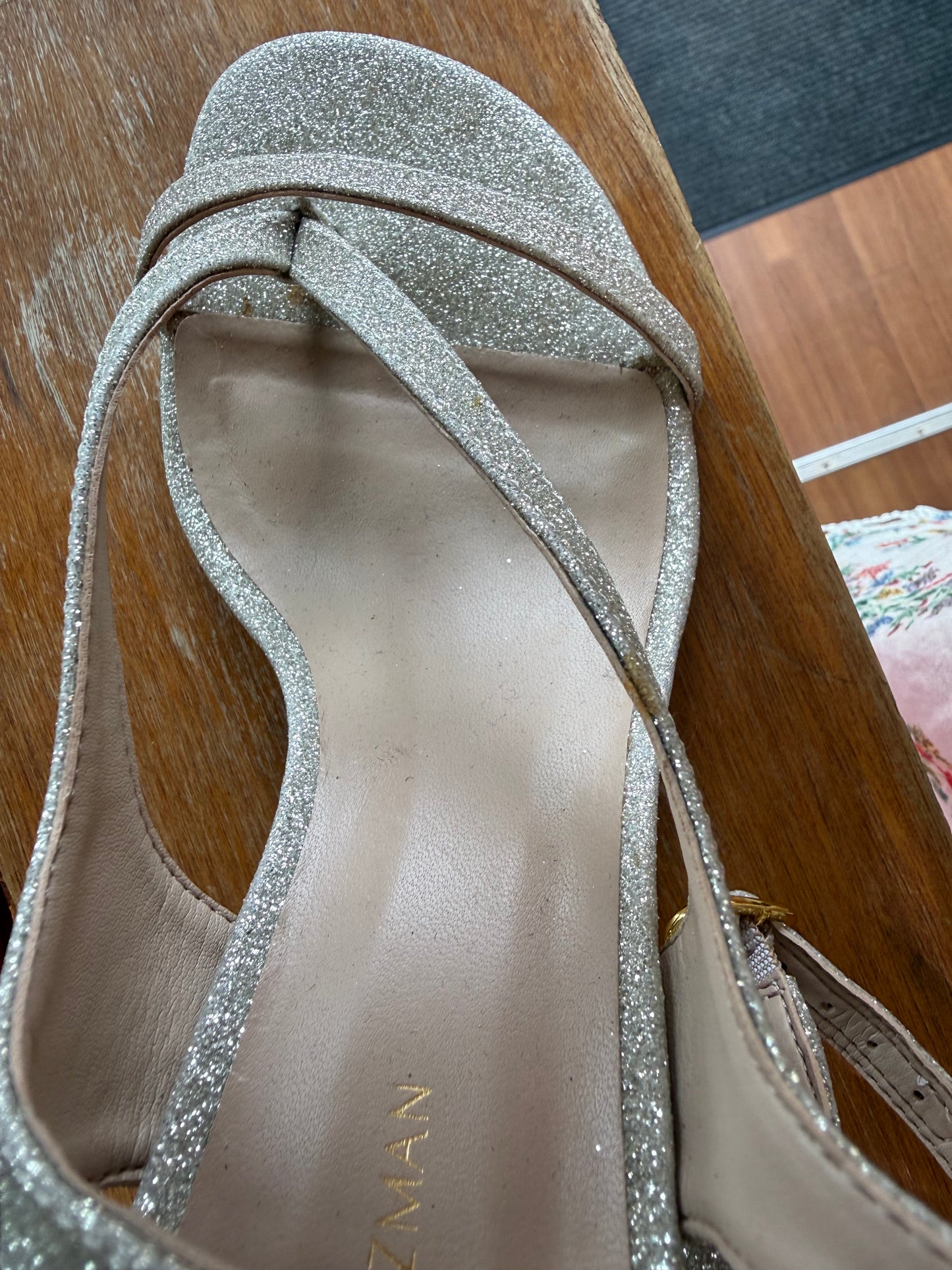 Stuart Weitzman Align 95 Gold Glitter Strappy Heels Sandals